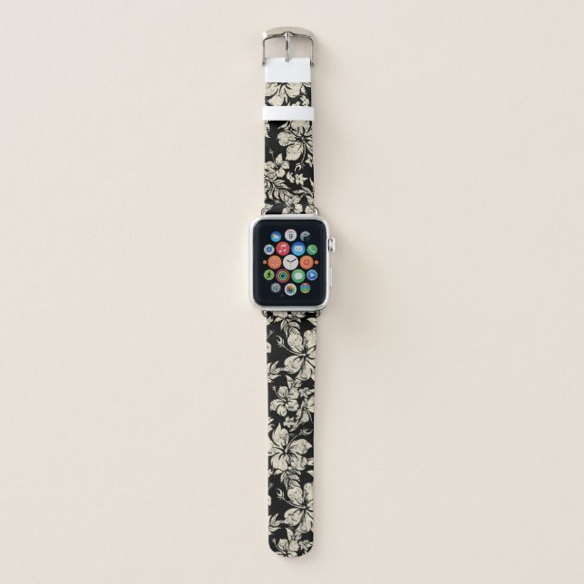 Hibiscus Pareau Distressed Hawaiian Floral- Black Apple Watch Band (Front)