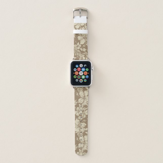 Hibiscus Pareau Distressed Hawaiian Floral- Cocoa Apple Watch Band (Front)