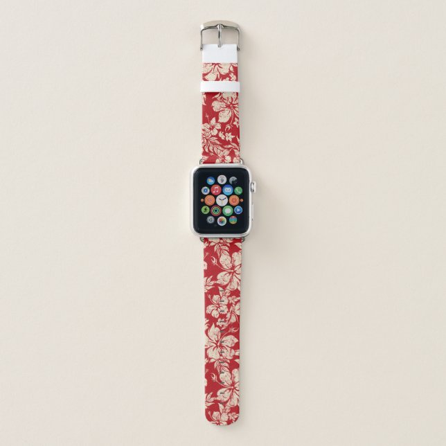 Hibiscus Pareau Distressed Hawaiian Floral- Red Apple Watch Band (Front)