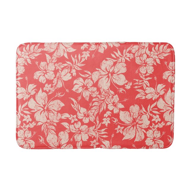 Hibiscus Pareau Distressed Hawaiian Floral- Red Bath Mat (Front)