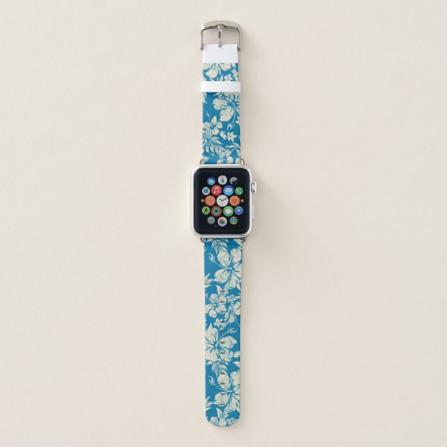 Hibiscus Pareau Distressed Hawaiian Floral- Teal Apple Watch Band (Front)