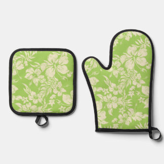  Hibiscus Pareau Distressed Hawaiian Lime Oven Mitt & Pot Holder Set