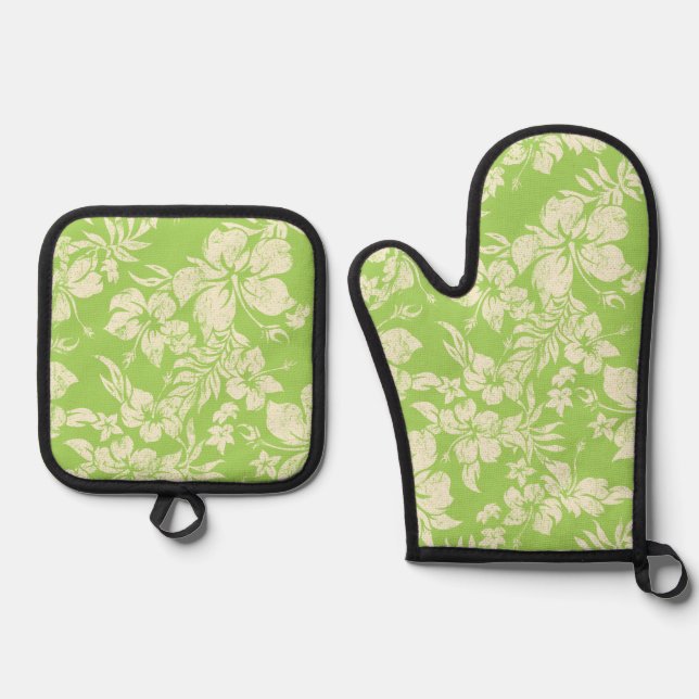  Hibiscus Pareau Distressed Hawaiian Lime Oven Mitt & Pot Holder Set (Front)