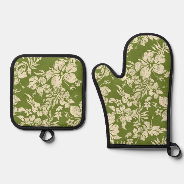  Hibiscus Pareau Distressed Hawaiian Olive Oven Mitt & Pot Holder Set (Front)