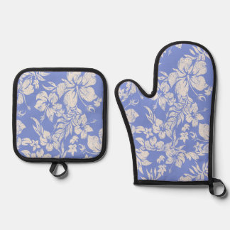  Hibiscus Pareau Distressed Hawaiian Periwinkle Oven Mitt & Pot Holder Set