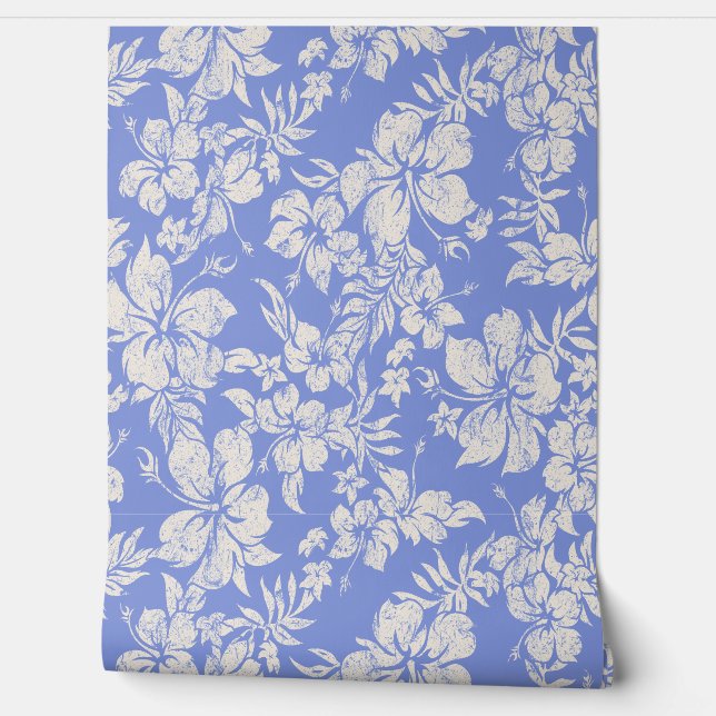 Hibiscus Pareau Distressed Hawaiian  - Periwinkle Wallpaper (Unrolling)