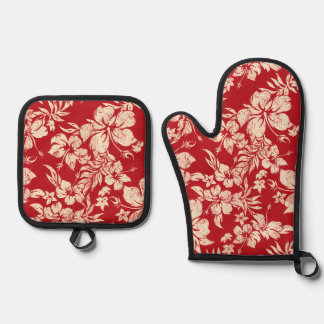  Hibiscus Pareau Distressed Hawaiian Red Oven Mitt & Pot Holder Set