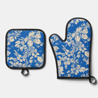  Hibiscus Pareau Distressed Hawaiian Royal Oven Mitt & Pot Holder Set