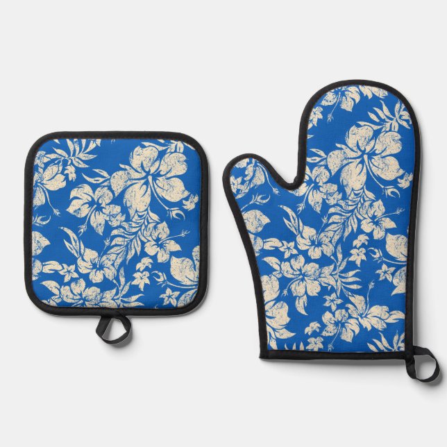  Hibiscus Pareau Distressed Hawaiian Royal Oven Mitt & Pot Holder Set (Front)