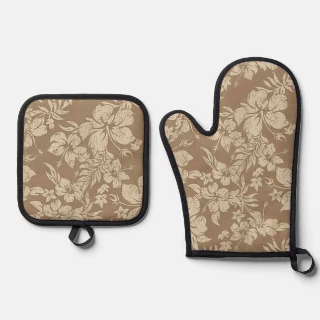  Hibiscus Pareau Distressed Hawaiian Taupe Oven Mitt & Pot Holder Set (Front)