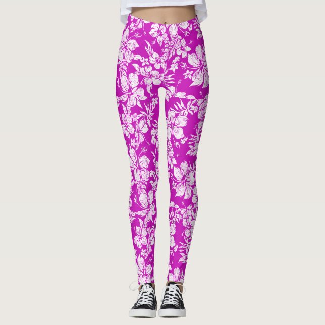 Hibiscus Pareau Distressed Hawaiian Tropical Leggings (Front)