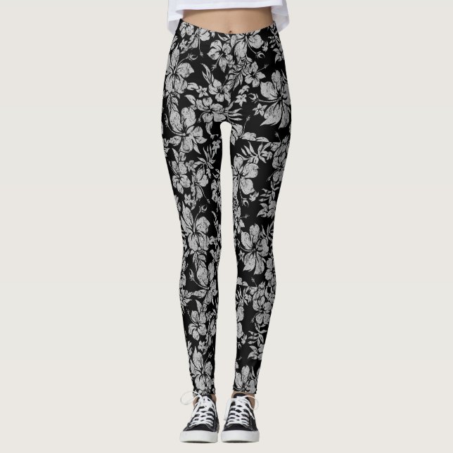 Hibiscus Pareau Distressed Hawaiian Tropical Leggings (Front)