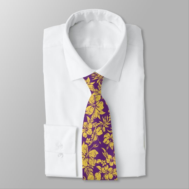 Hibiscus Pareau Hawaiian Floral Two-sided Printed Tie (Tied)