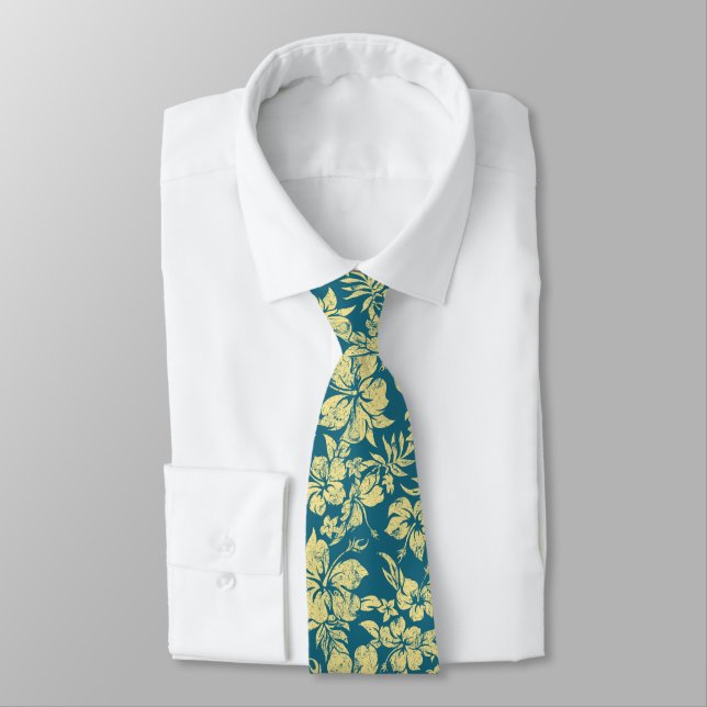 Hibiscus Pareau Hawaiian Floral Two-sided Printed Tie (Tied)