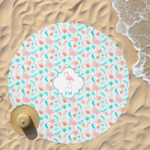 Hibiscus Pattern Pink Flamingo Monogram Beach Towel