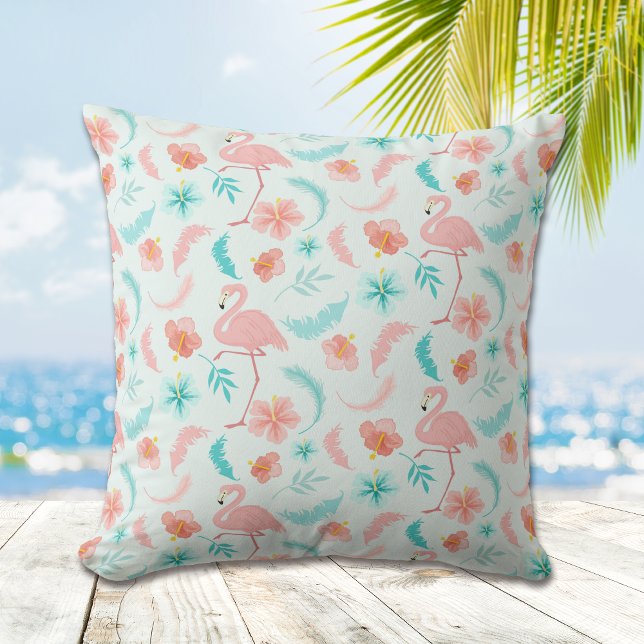 Hibiscus Pattern Pink Flamingo Throw Pillow (Creator Uploaded)