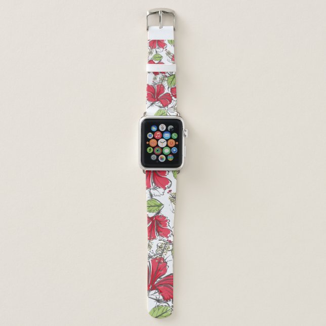 hibiscus pattern with tropical leaves and flowers  apple watch band (Front)