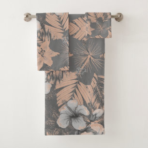 Hibiscus Petals and Leaves Grey Blush Blue Shades Bath Towel Set
