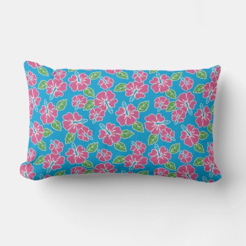 Hibiscus Pink Blue Lumbar Pillow
