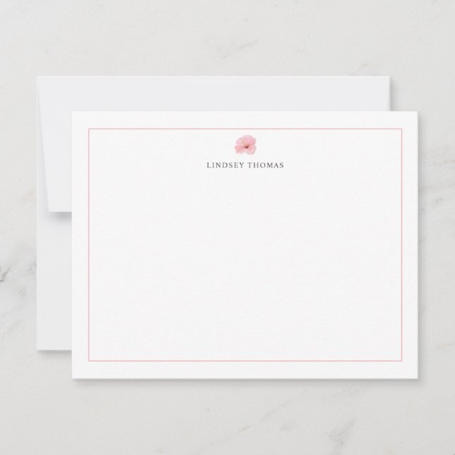 Hibiscus Pink Border Personalized Stationery Note Card (Front)
