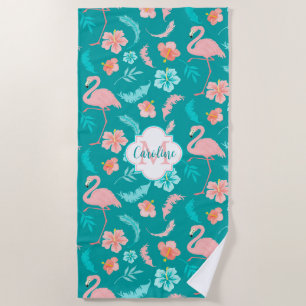 Hibiscus Pink Flamingo Tropical Pattern Beach Towel