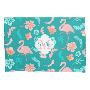 Hibiscus Pink Flamingo Tropical Teal Pillow Case