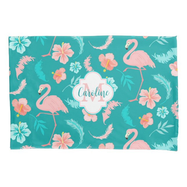 Hibiscus Pink Flamingo Tropical Teal Pillow Case (Front)