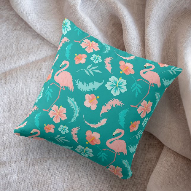 Hibiscus Pink Flamingo Tropical Teal Throw Pillow (Creator Uploaded)
