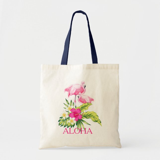 Hibiscus & Pink Flamingos Tropical Design Tote Bag (Front)