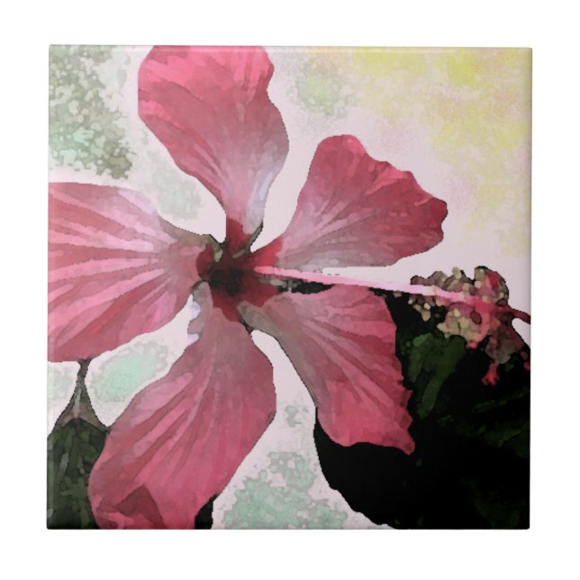 Hibiscus pink tropical flower summer exotic floral ceramic tile (Front)