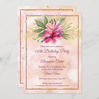 Hibiscus Plum Pink marble gold Birthday Party Invitation