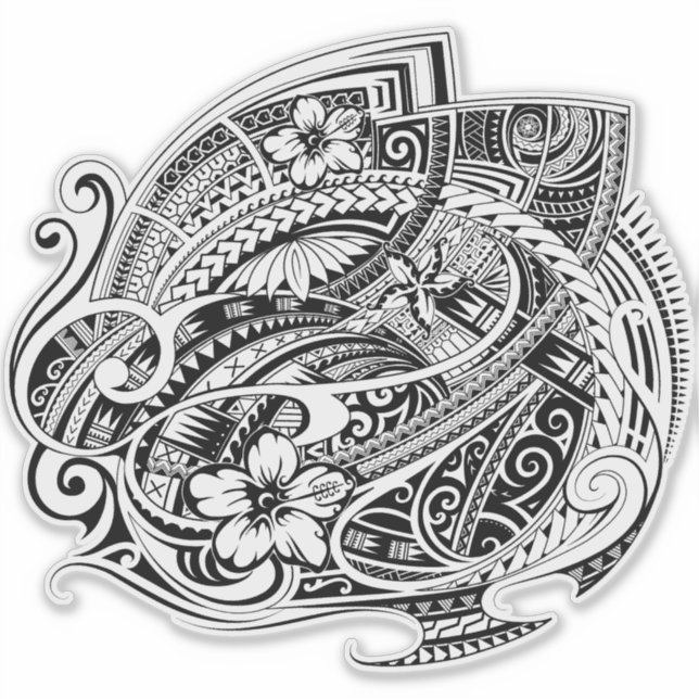 HIBISCUS POLYNESIAN TRIBAL Blk Sticker (Front)