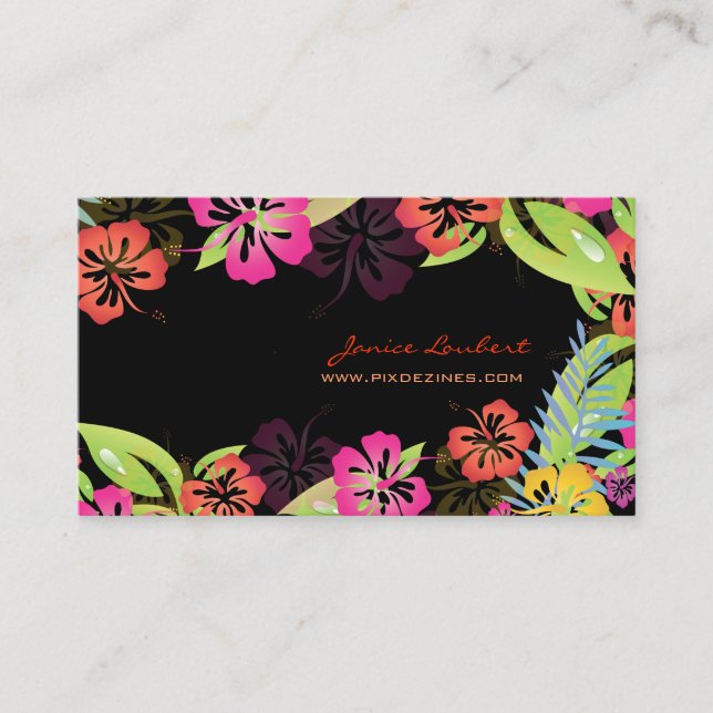 Hibiscus, Retro bold tropical flowers Business Card (Front)