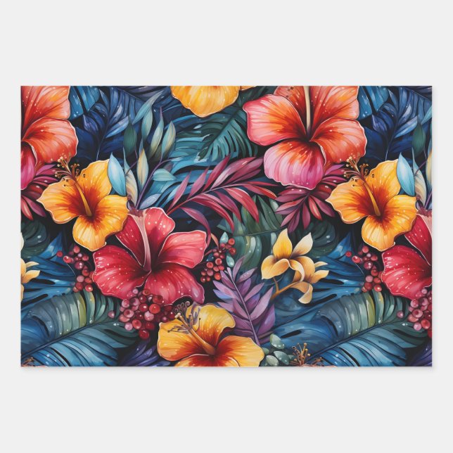 Hibiscus Serenade: Tropical Leaves Wrapping Paper Sheets (Front)