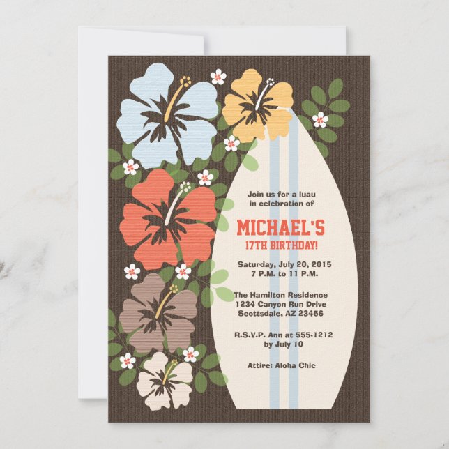 Hibiscus Surfboard Birthday Party Invitations (Front)