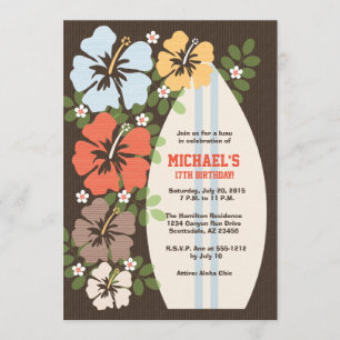 Hibiscus Surfboard Birthday Party Invitations