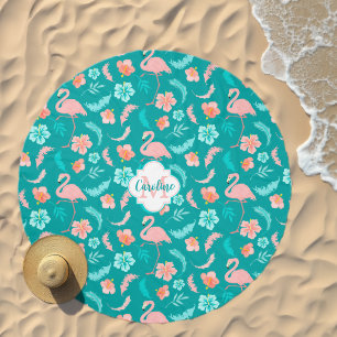 Hibiscus Teal Pink Flamingo Tropical Monogram Beach Towel