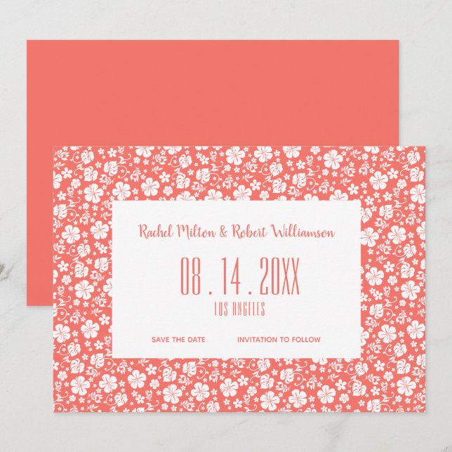 Hibiscus Tropical Coral Wedding Save The Date (Front/Back)