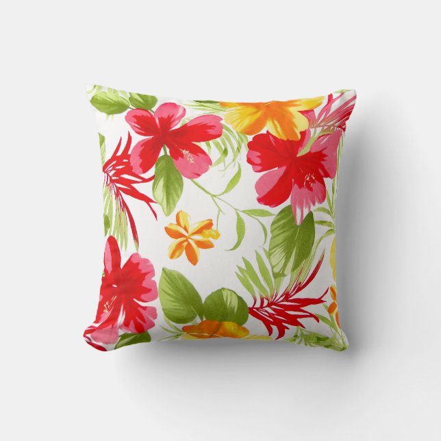 Hibiscus Tropical Floral Fiesta Hawaiian Throw Pillow (Front)