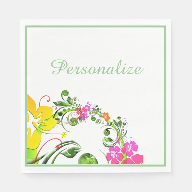 Hibiscus tropical floral green pink yellow white napkins (Front)