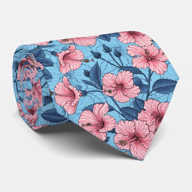 Hibiscus Tropical Floral Pattern Neck Tie (Rolled)