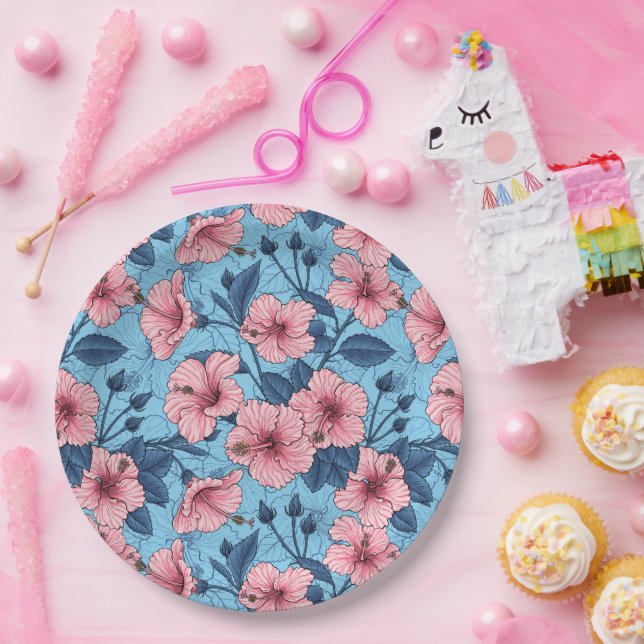 Hibiscus Tropical Floral Pattern Paper Plates (Party)