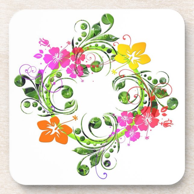 Hibiscus tropical floral wreath beverage coaster (Front)