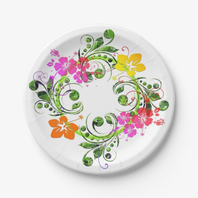 Hibiscus tropical floral wreath elegant hawaiian  paper plates (Front)