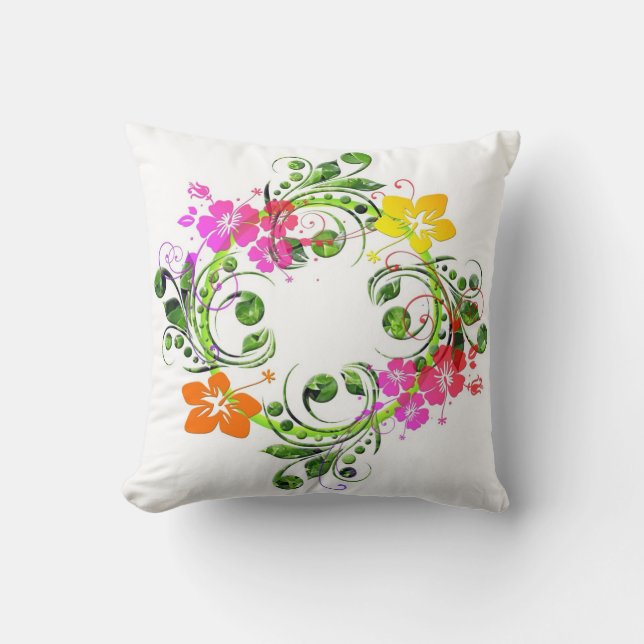 Hibiscus tropical floral wreath pink, green yellow throw pillow (Front)