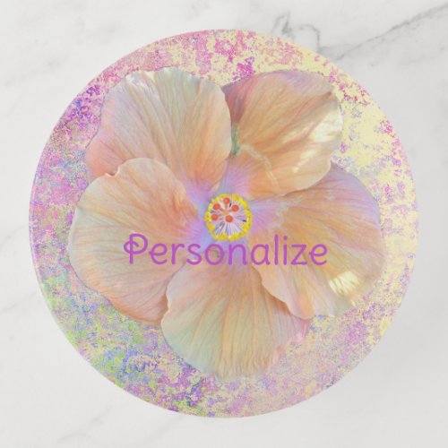 Hibiscus tropical flower iridescent look pink gold trinket tray