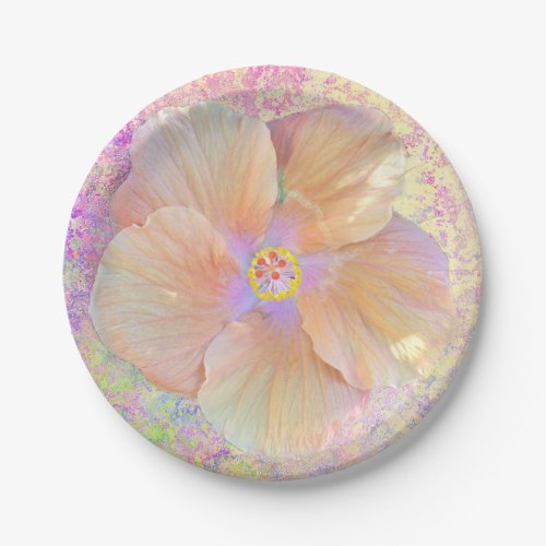 Hibiscus tropical flower iridescent pink gold cute paper plates