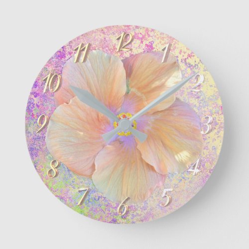 Hibiscus tropical flower iridescent pink gold cute round clock