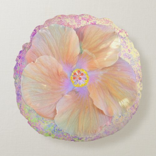 Hibiscus tropical flower iridescent pink gold cute round pillow