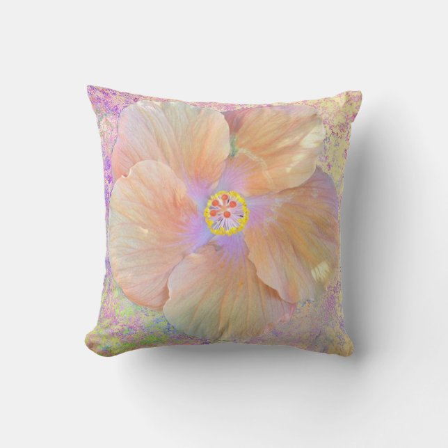 Hibiscus tropical flower peach gold purple cute throw pillow (Front)